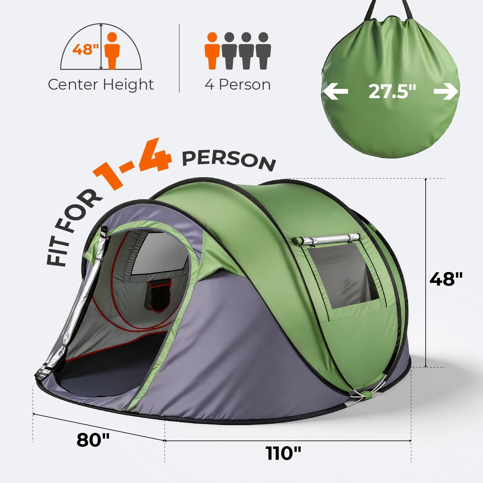4 Person Pop Up Camping Tent Instant Setup Waterproof Family Tent with Front Awning Automatic Throw Pop Up Tent 280x200x120cm Green Outdoor Tent for Hiking Beach Backpacking 3-4 People