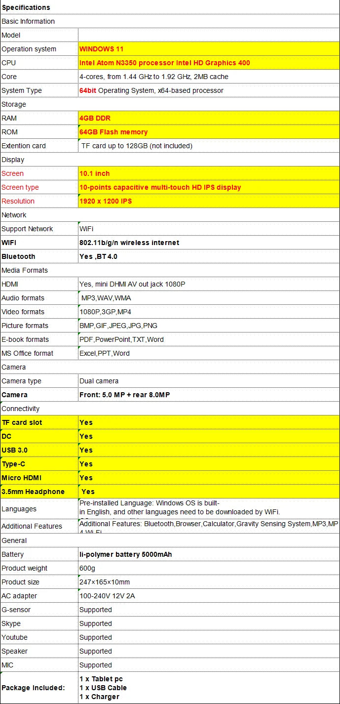 10.1 INCH 4GB RAM 64GB ROM Windows 11 Tablet PC N3350 64bit 1920 x 1200 IPS  Dual Camera DC USB 3.0 Type-C Micro HDMI-Compatible