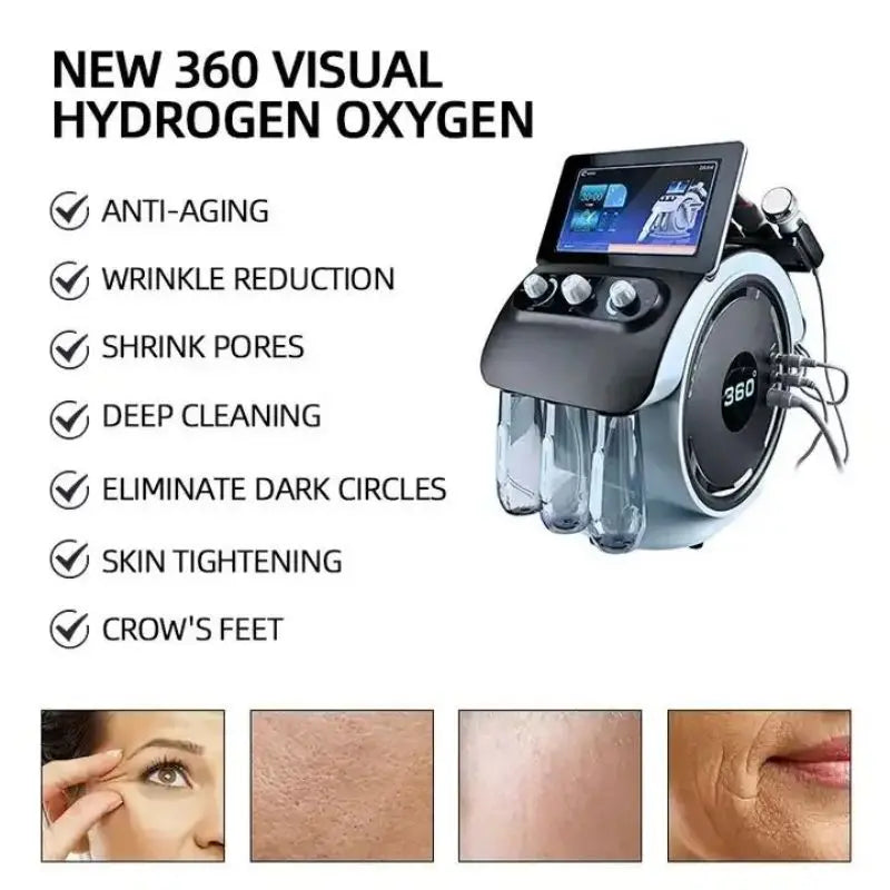 Experience professional skincare with this portable 6-in-1 H2O2 small bubble oxygen facial machine. Improve skin hydration, exfoliate with microdermabrasion, and promote a fresh, glowing complexion with this versatile device!