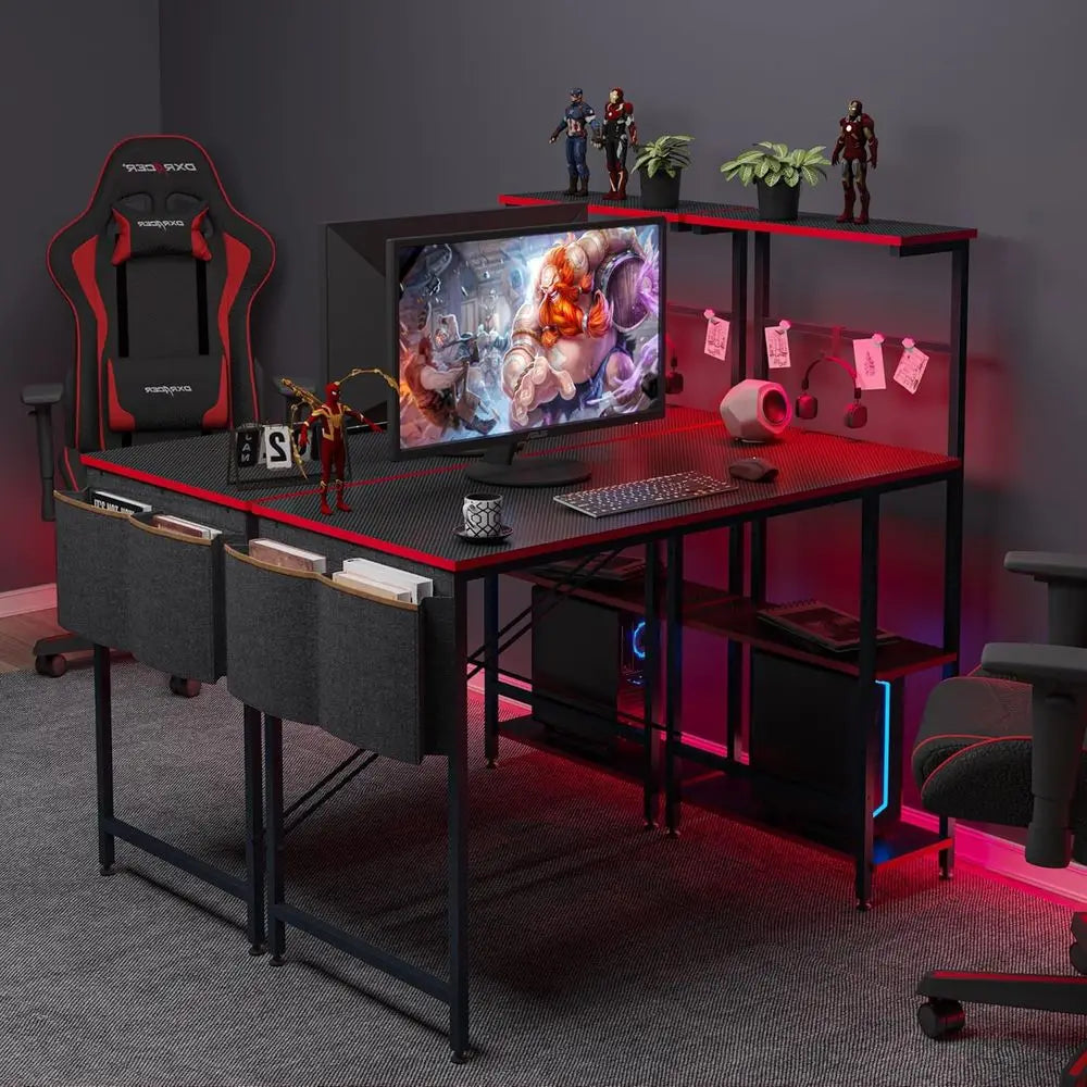 Gaming Desk with LED Lights, 44 Inch PC Gamer Desk or Small Spaces, Computer Desk with Reversible Storage Shelves & Side Storage