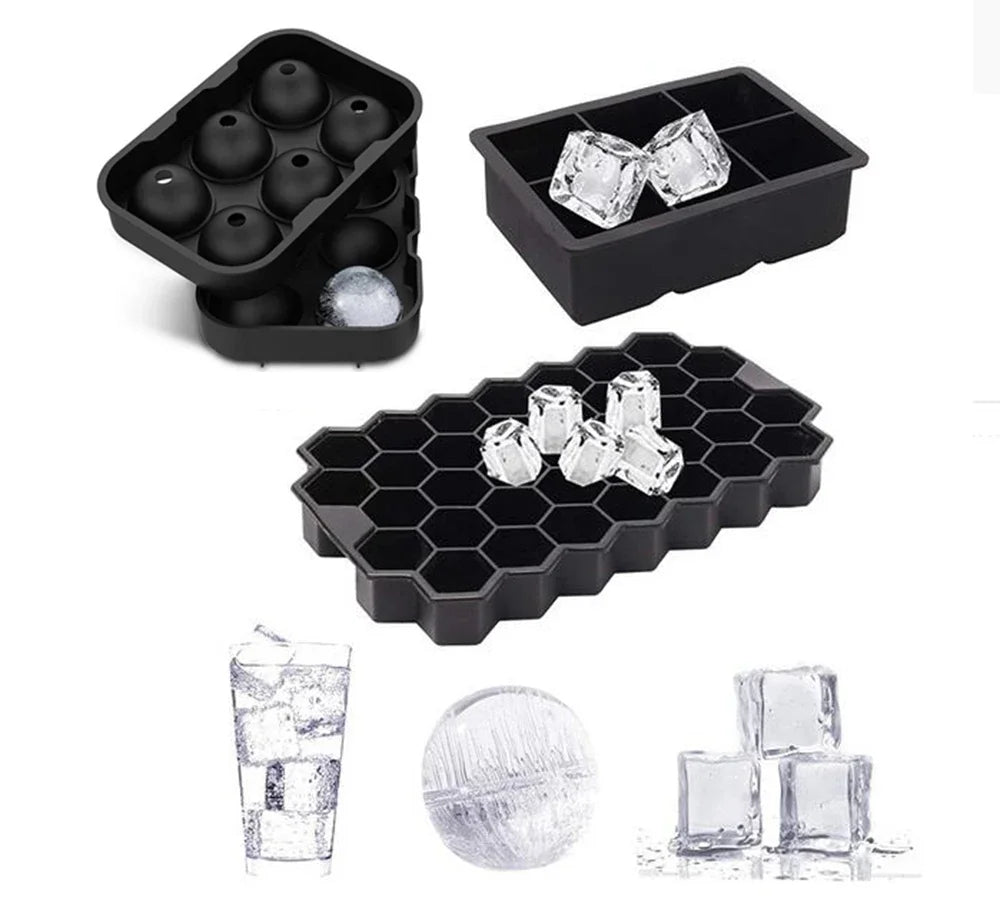3PCS/Lot Silicone Whiskey Ice Ball Mold Large Ball Maker Mold, Round Sphere, Square Ice Cube Tray，Hole+Grid Square+37 Honeycomb