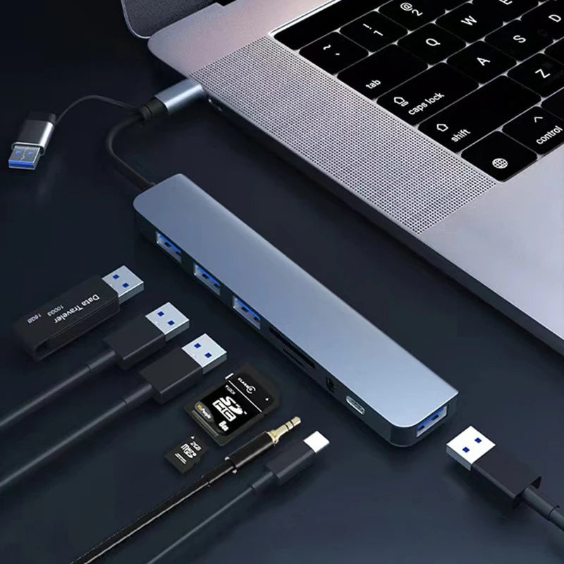 Expand your connectivity with this 8-in-2 USB + Type-C hub docking station—featuring multiple USB ports and a convenient card reader for seamless device access! Card Reader Laptop Tablet Phone Disk Converter