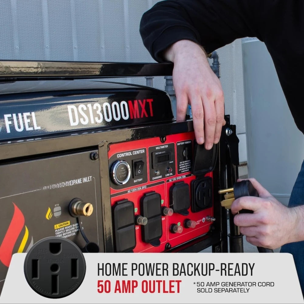 13000W Tri Fuel Portable Generator Gas Propane Natural Gas Electric Start Transfer Switch Ready for Home Backup RV 240 Volts