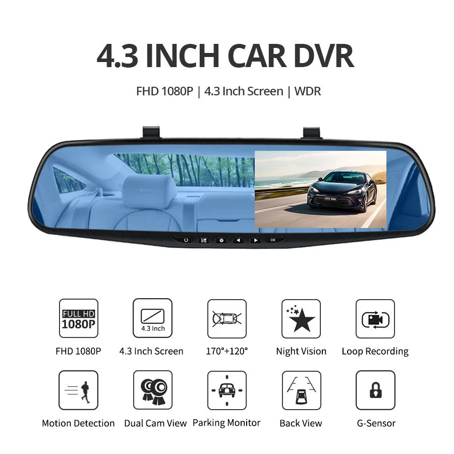Dashcam 4.3 Inch Mirror FHD 1080P Camera Dual Lens DVR  Rearview Mirror Dash Camera Car Video Recorder Auto Black Box Car Dvr
