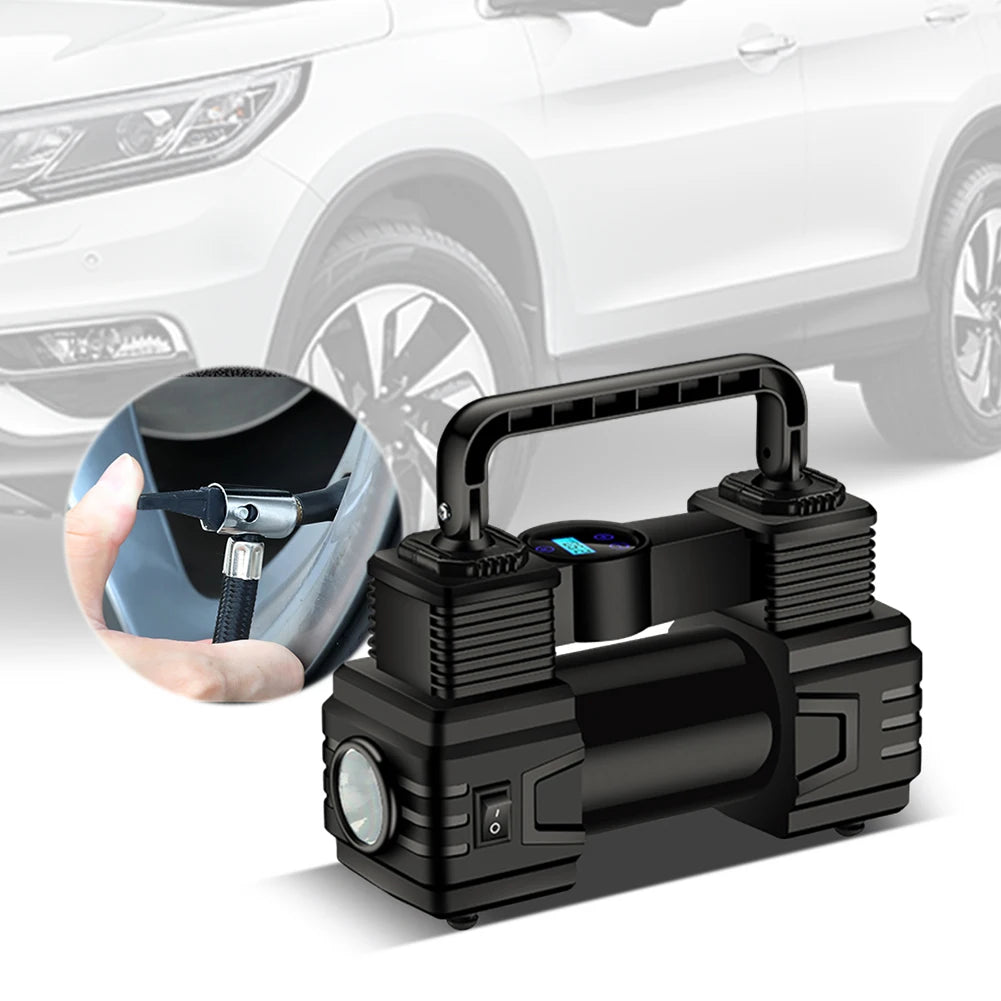 12V 150PSI Mini Air Compressor Dual Cylinder Heavy Duty Tire Inflator with LED Light Car Electric Air Pump Auto Inflatable Pump
