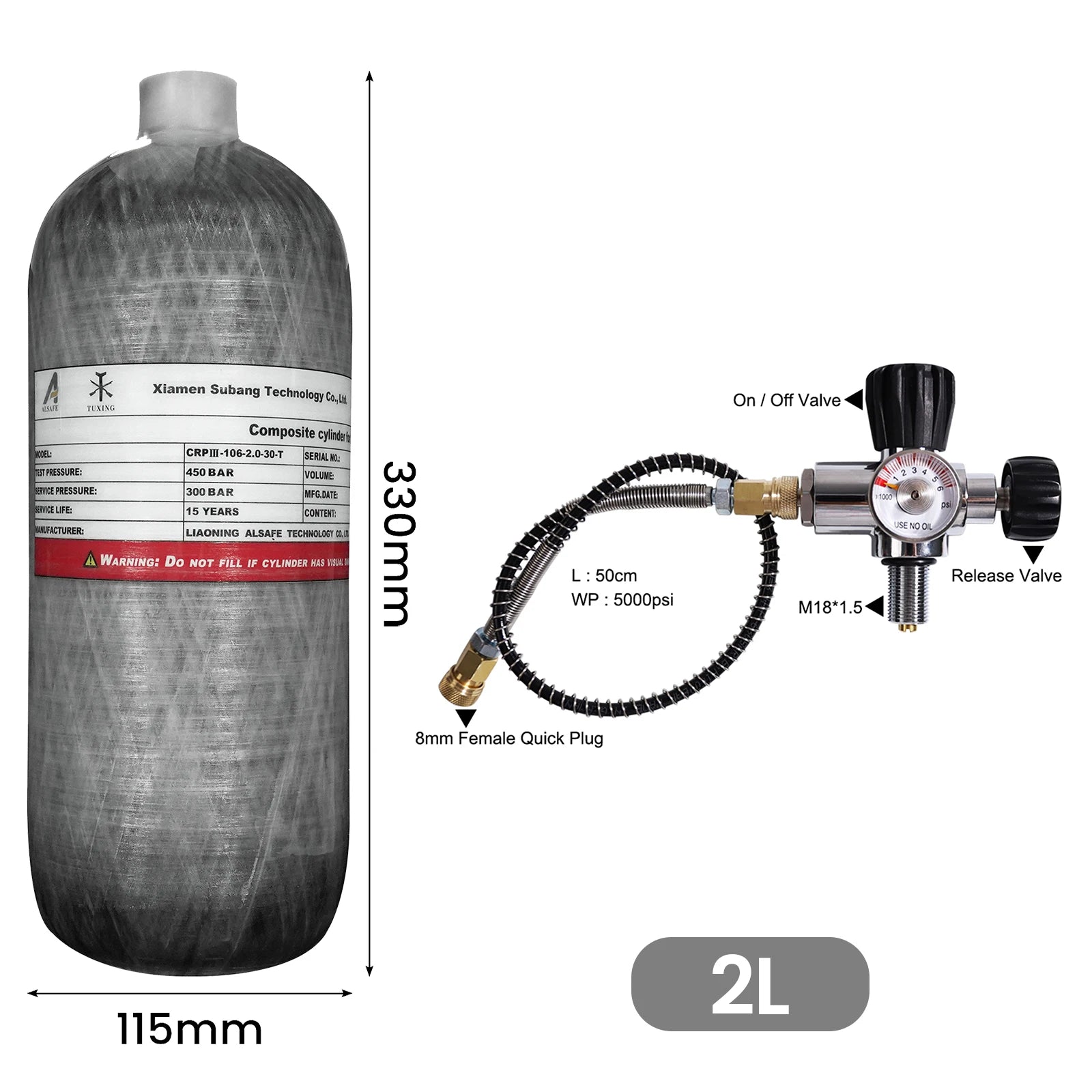 TUXING 4500Psi 2L Carbon Fiber Cylinder High Pressure Tank Scuba Diving Tank with Fill Station Regulator Joint Valve M18*1.5