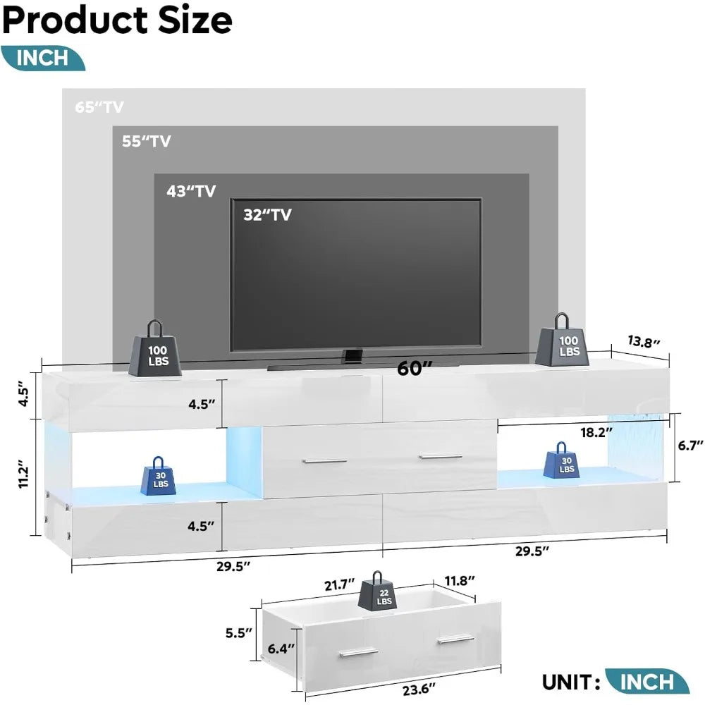 Modern High Gloss TV Stand for 55-65 Inch TVs with Stone-Patterned Sides and LED Entertainment Center