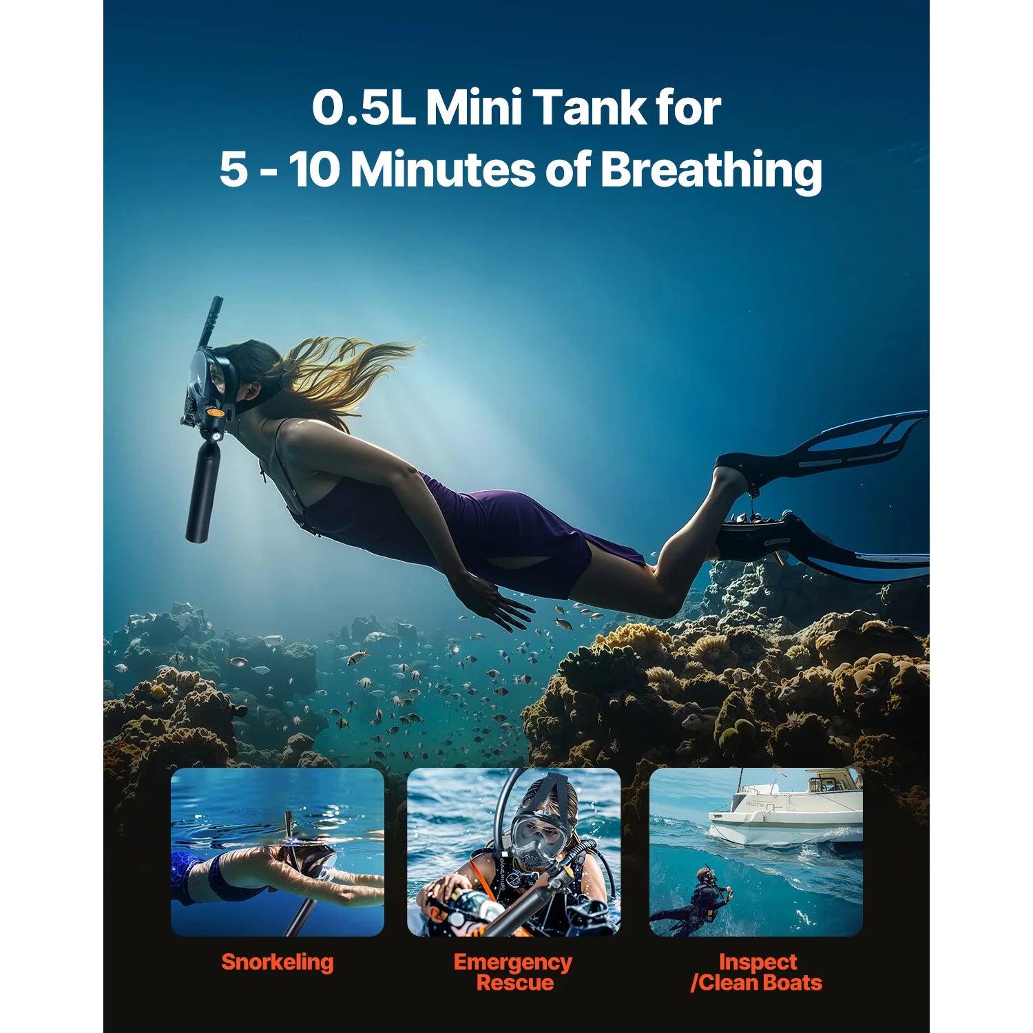 SucceBuy Scuba Tank 0.5L Portable Scuba Diving Tank Diving Oxygen Cylinder Support 5-10Minute Underwater Breathing 98.43ft Depth