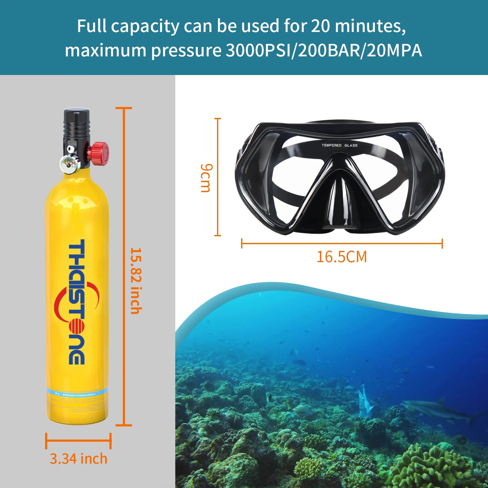 THAISTONE-1L Portable Scuba Diving Tank Underwater Oxygen Cylinder Professional Diving Equipment with Adapter, 15-25 Minutes
