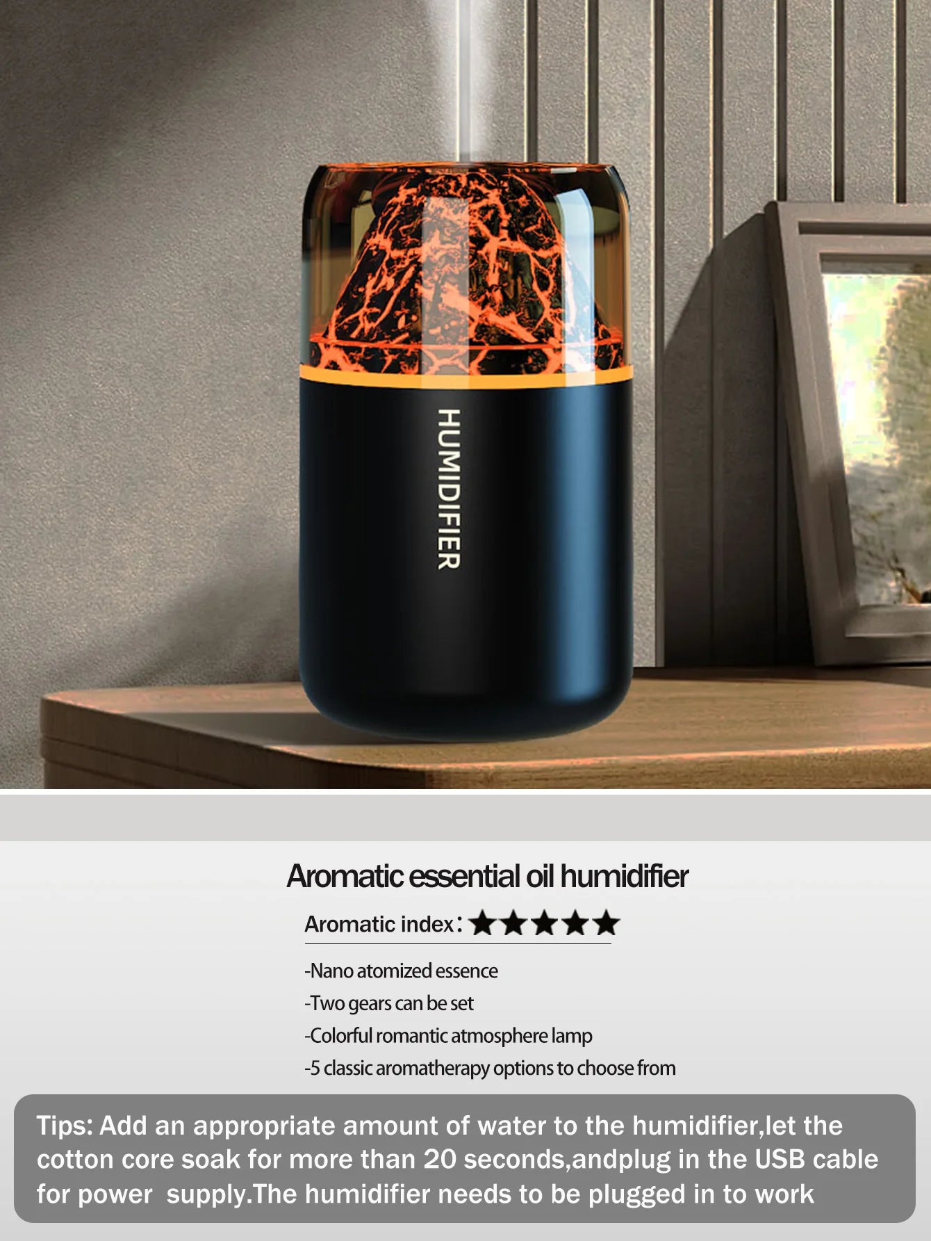 The simulated volcanic color lamp humidifier USB aromatherapy diffuser is suitable for use in cars, homes, bedrooms, as a gift,