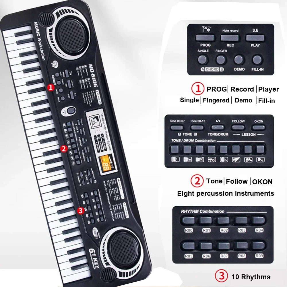 61 Keys Keyboard Piano, Children's Multifunctional Electronic Digital Piano Toys with Microphone, Portable Piano Keyboard