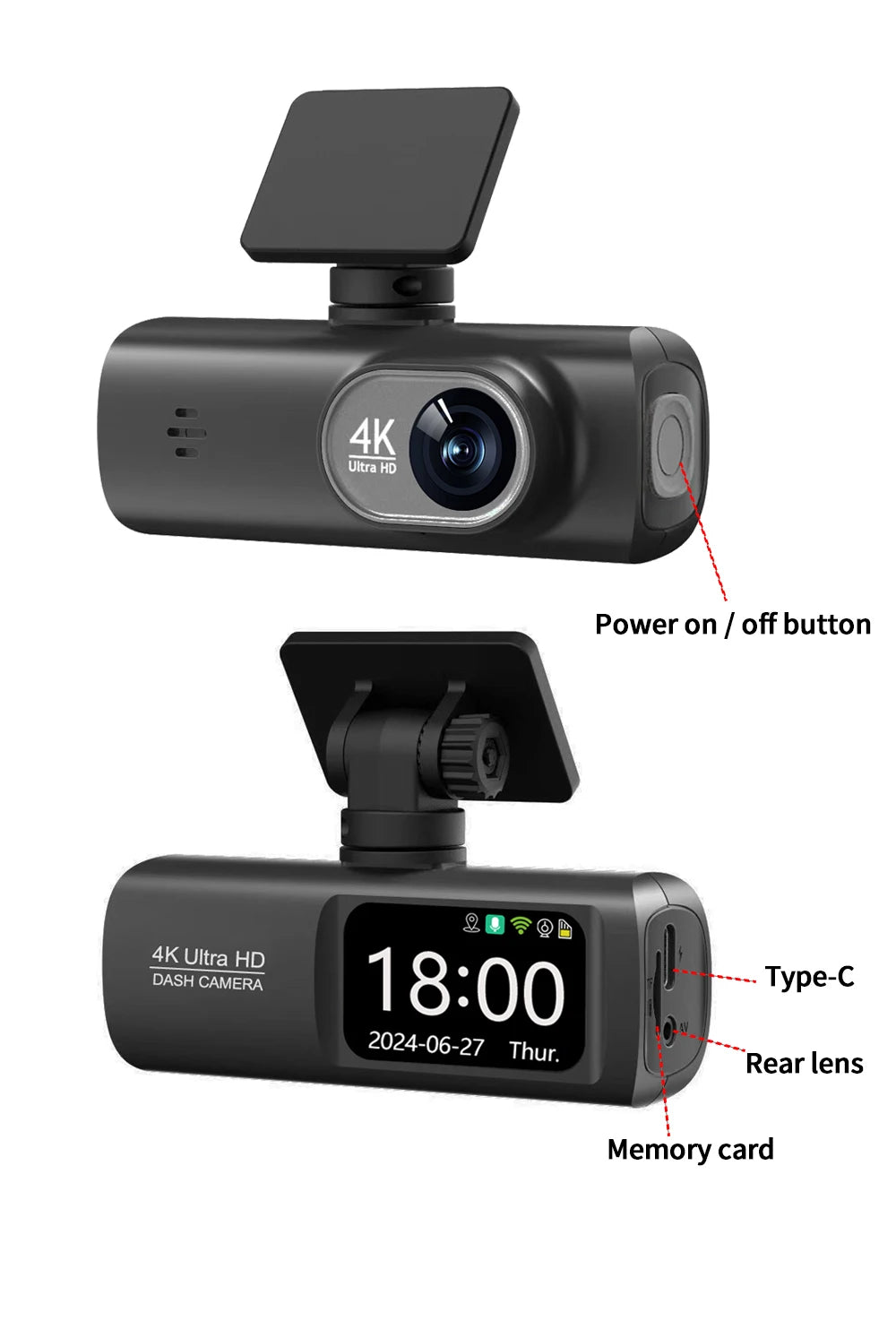 Dash Cam 4K UHD for Car Camera Front Rear Dual Lens With GPS WiFi 24h Parking Mode Night Vision Car DVR Video Registrator