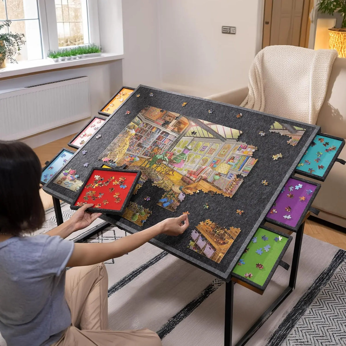 2000 Piece Tilting & Foldable Puzzle Board with 8 Colored Drawers & Cover, Portable Jigsaw Puzzle Table with Storage for Adults