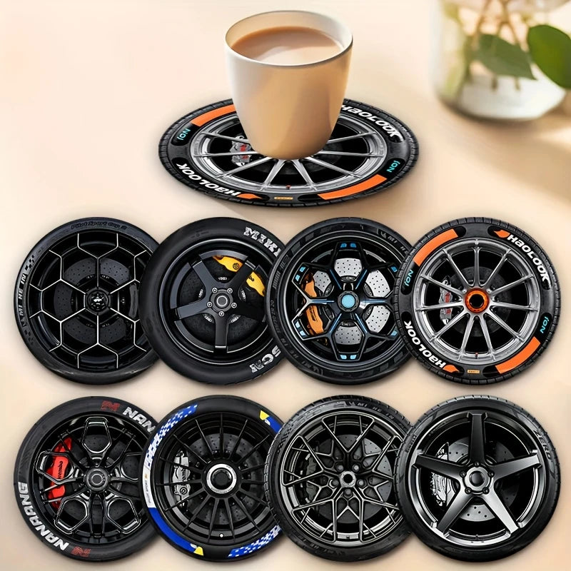 8 Pcs 2D Wooden Coasters Tire Saucer Heat Resistant Non-Slip Home Office Bar Cafe Restaurant Holiday Birthday Gift Durable