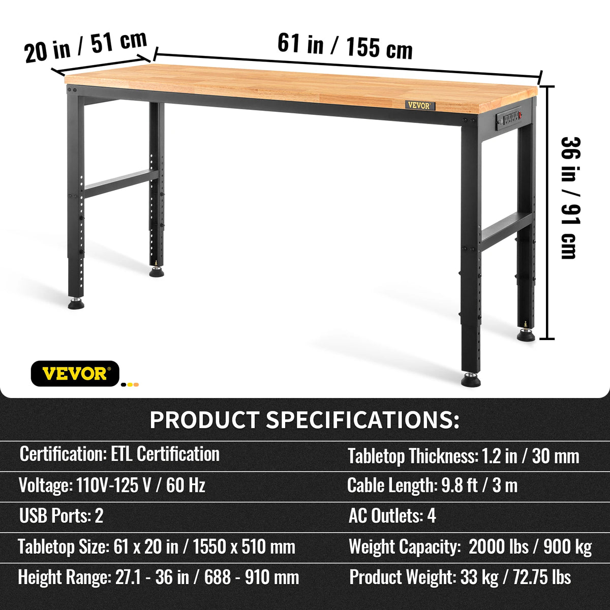 SucceBuy Heavy-Duty Workbench 72cm Adjustable Height Oak Wood Hardwood Top Table 900KG Load Capacity for Office Home Workshop