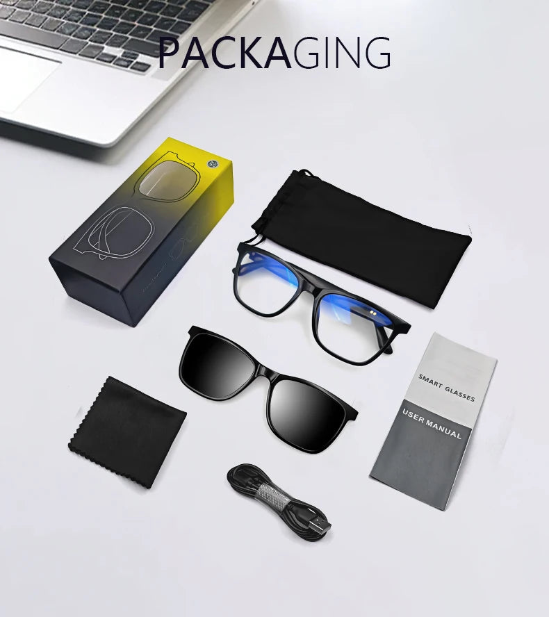 Hot GS05 Smart Glasses For Men 2 in 1 UV Protection Portable Polarized Anti-blue light Black Frame White Lenses Music Sunglasses