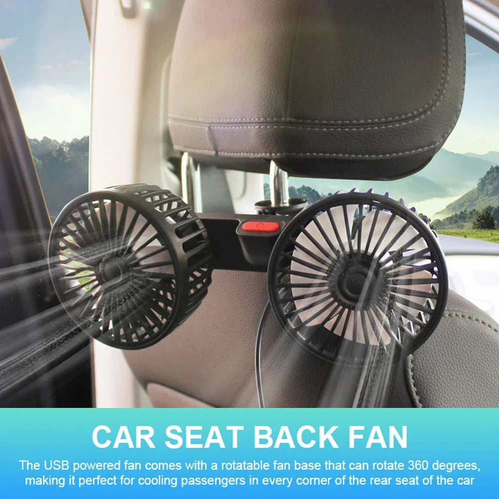 USB Charge Dual Head Fan Car Seat Back Cooling Fan Summer 360 Degree Rotation Auto Headrest Ventilation Fan Neck Cooler
