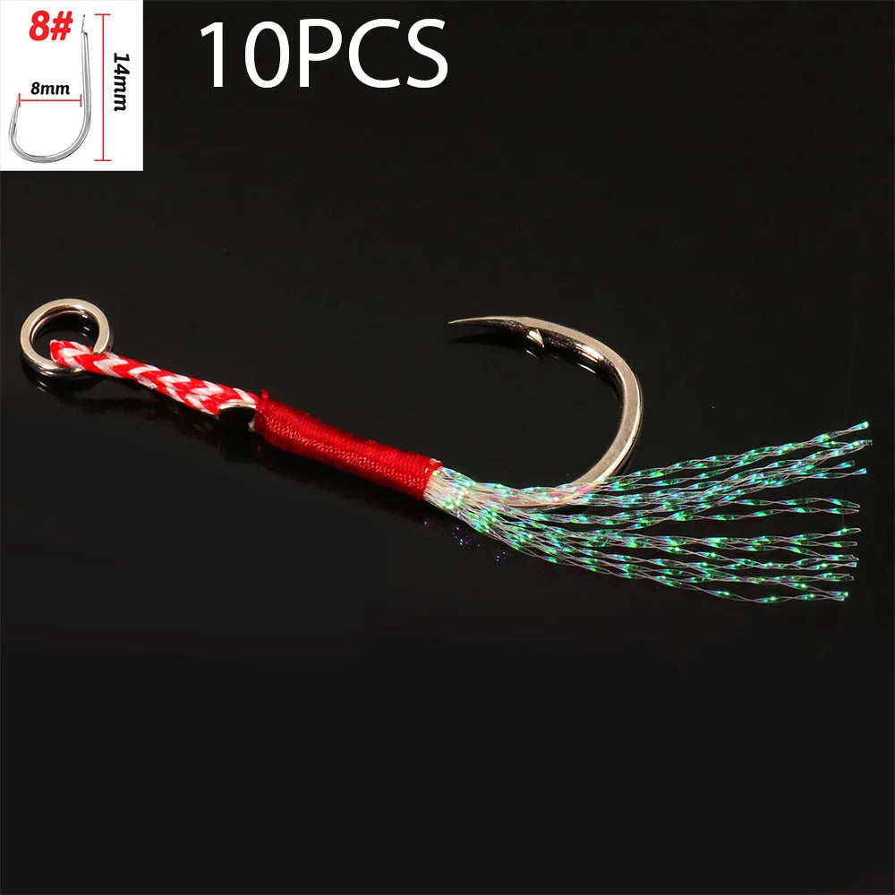 Cast Jig Assist Hook 10PCS/Lot High Carbon Steel Angle Barbed Thread Feather Lake Fishing Tackle Slow Jigging Sea Pesca Fishhook