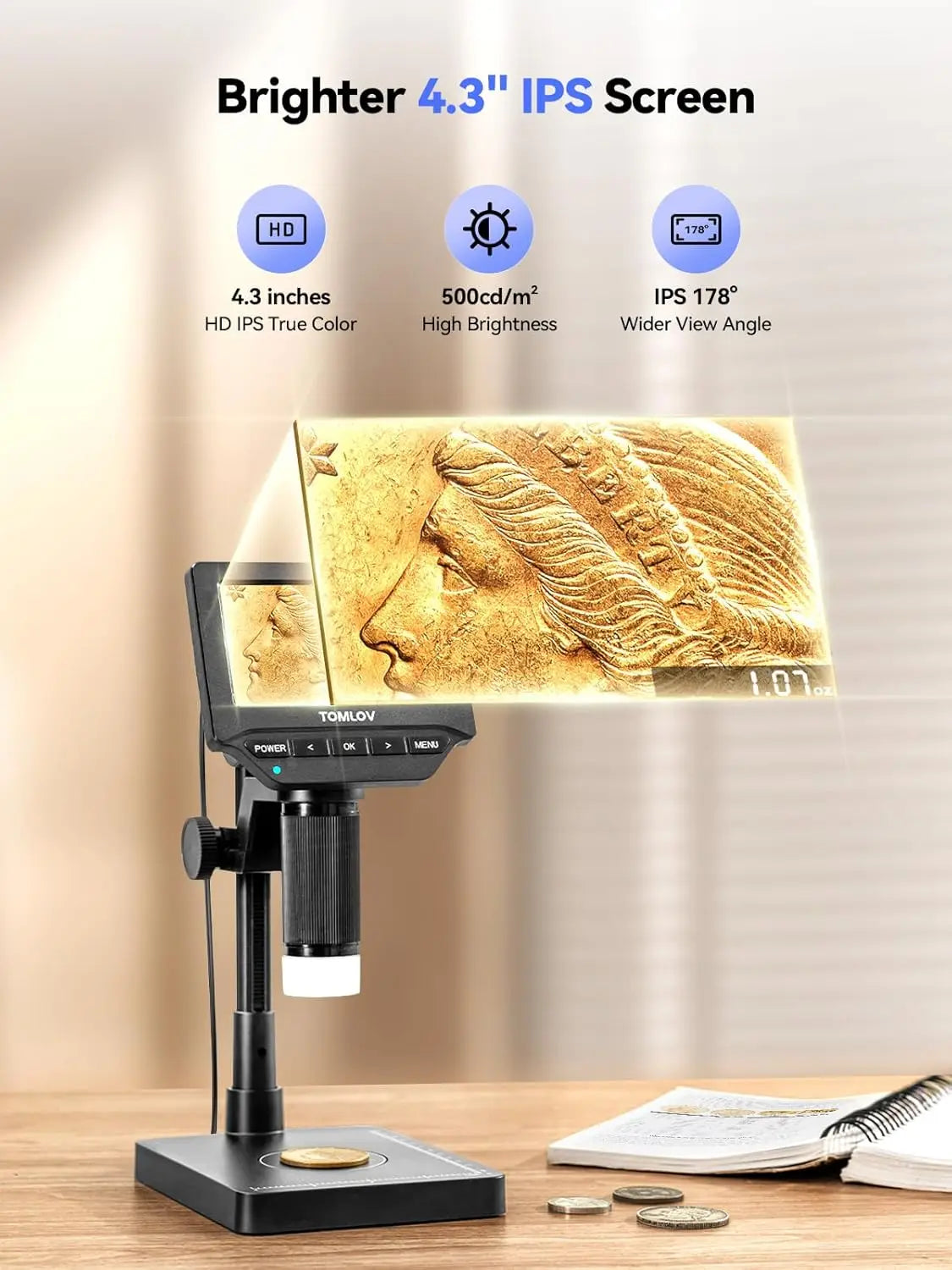 TOMLOV DM4W Microscope 200X Zoom with Weighing Scale 4.3" Digital Coin Microscopes Error Coin Magnifier for Collectors, Jewelers, Microscope for Electronics Repair PCB Solding