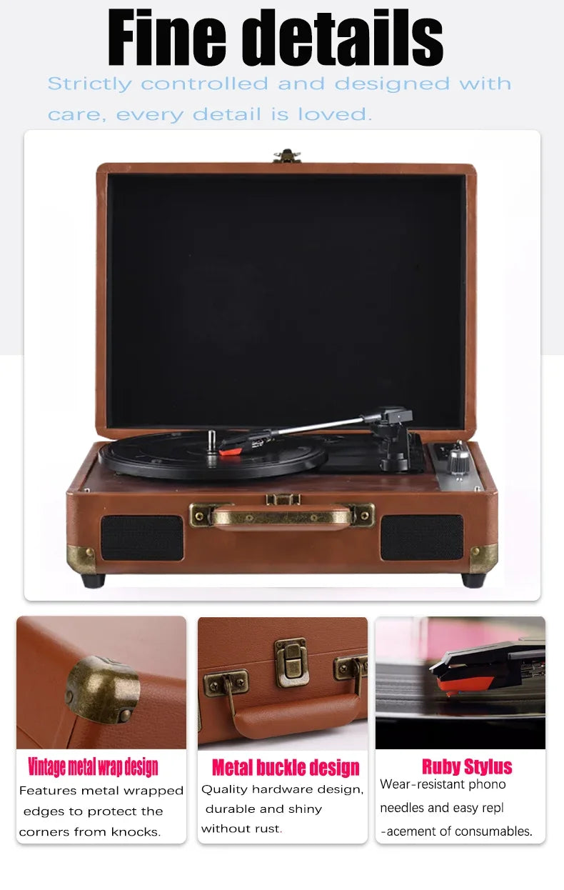 Retro portable vinyl record player, Bluetooth/USB/TF playback, suitable for family gatherings, outdoor camping, party gifts