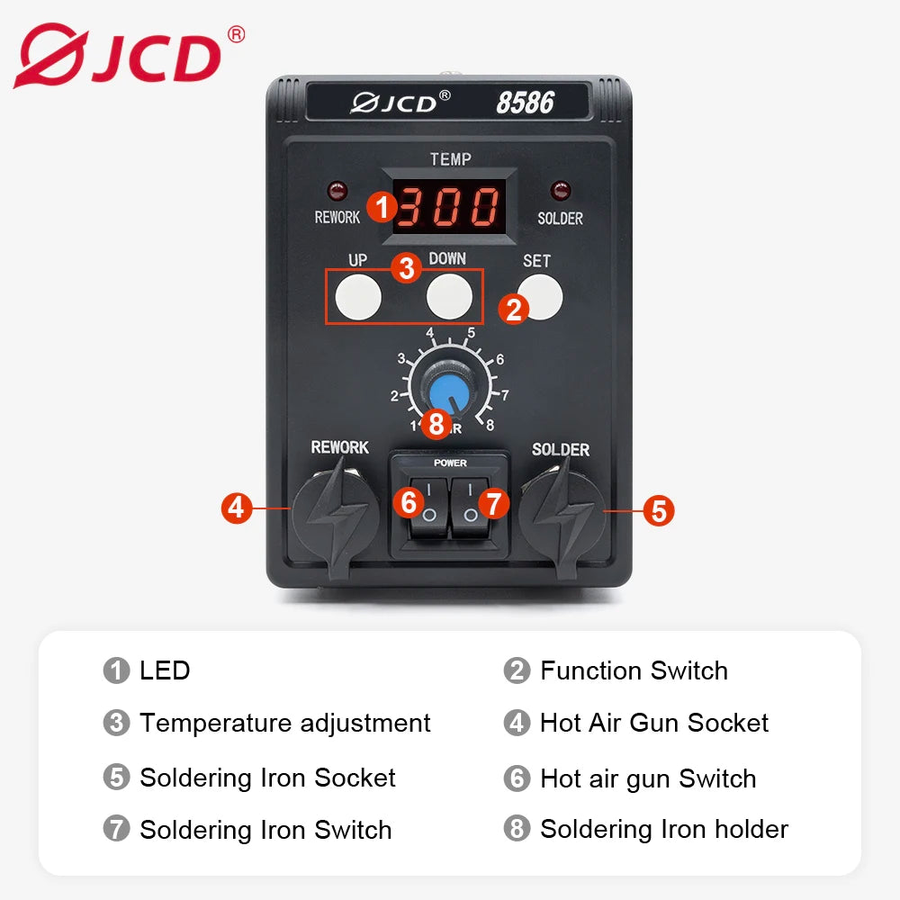 JCD Solder Station 8586 2-in-1 Electric Soldering Iron And Hot Air Gun Set for SMD Rework Desoldering Welding Machine Repair Tool Kit