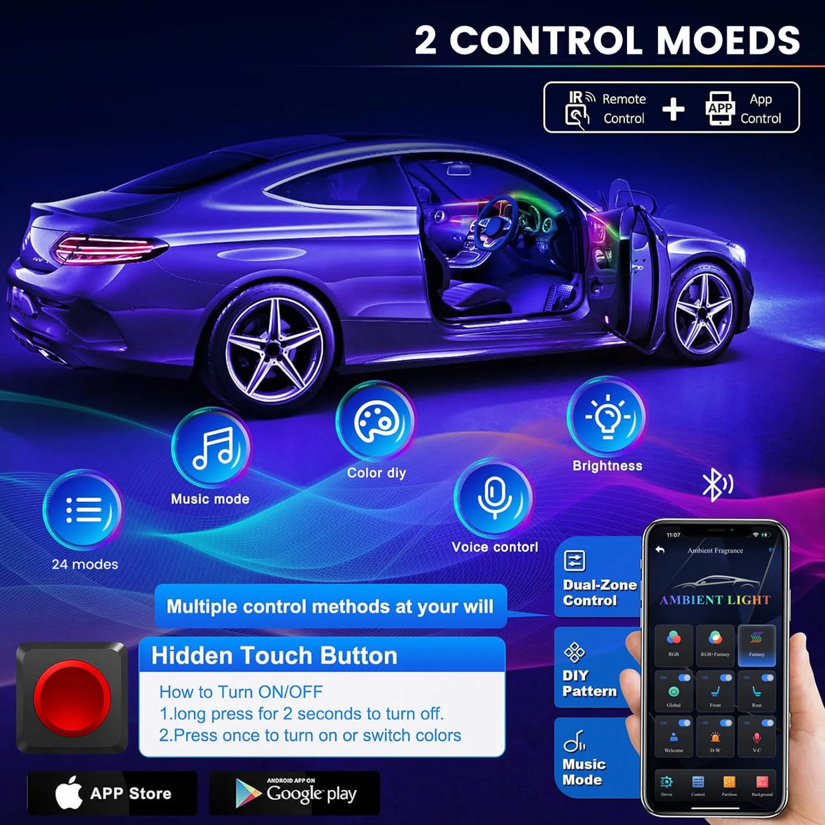 Dreamcolor Acrylic Interior Car LED Strip Light with Wireless APP, RGB 6/10/18 in 1 with 175 inches Fiber Optic Strip Lights for Car, Dynamic Chasing Music Sync Neon Car Ambient Lighting Kits
