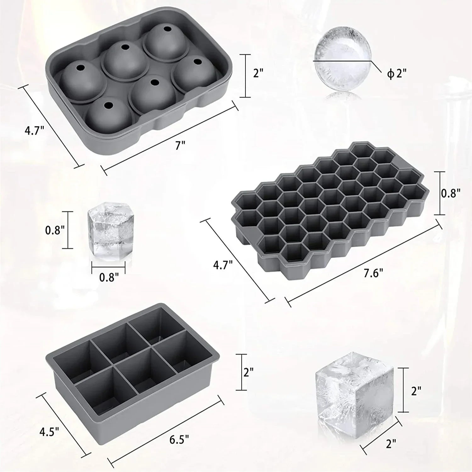 3PCS/Lot Silicone Whiskey Ice Ball Mold Large Ball Maker Mold, Round Sphere, Square Ice Cube Tray，Hole+Grid Square+37 Honeycomb
