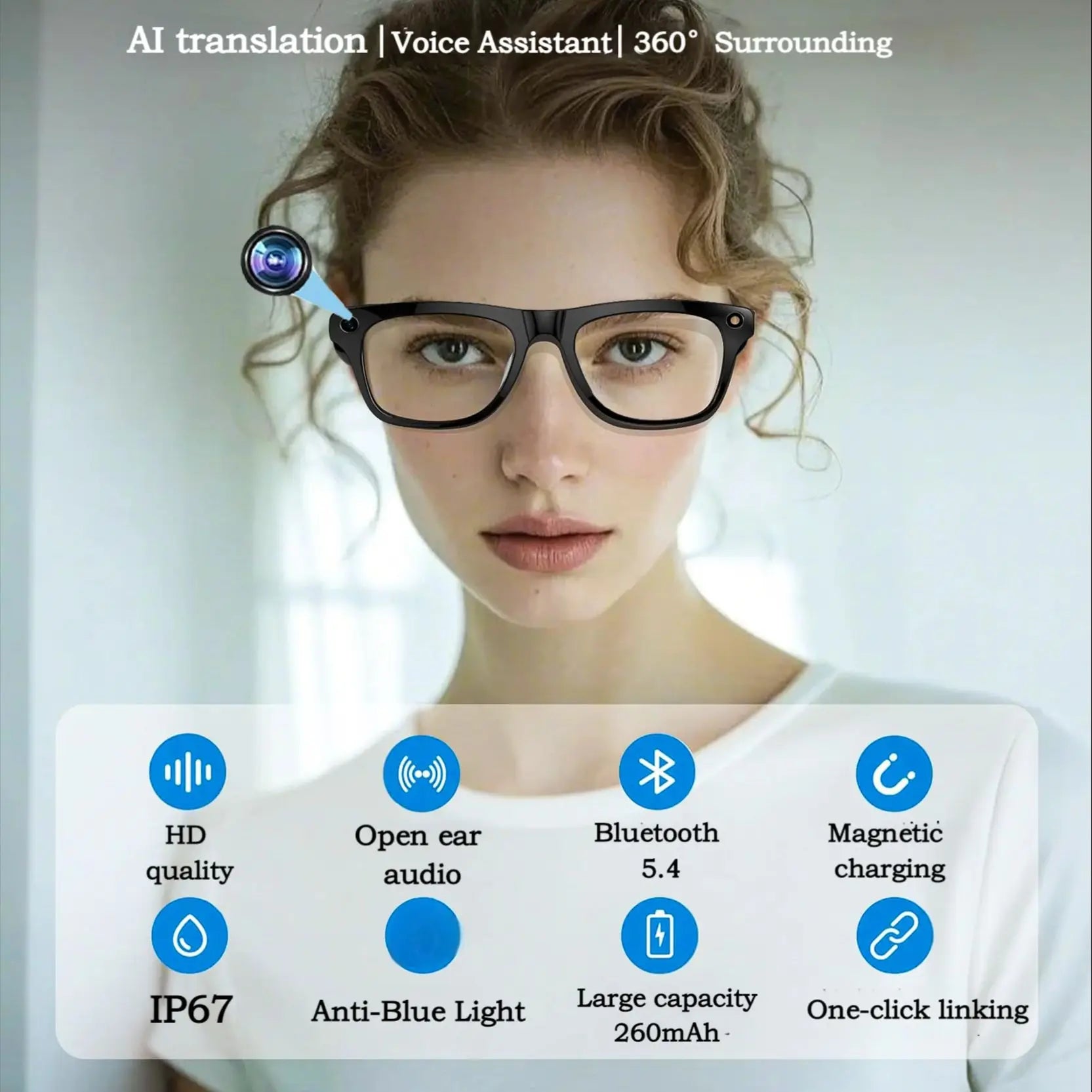 Smart Glasses With AI,Bluetooth Music Glasses With 140+ Translation,Anti-Blue Light Lenses,Camera Glasses For Travel Meeting