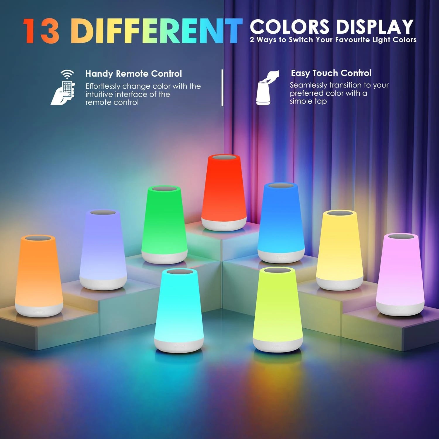 Create the perfect ambience with this LED night light that features 13 color options and is remote-controlled for convenience. Simply touch to control!
