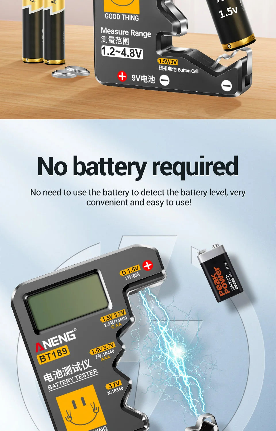 Quickly check your batteries with this universal button cell battery tester—compatible with 9V, N, D, C, AA, and AAA sizes, featuring an easy-to-read LCD display!