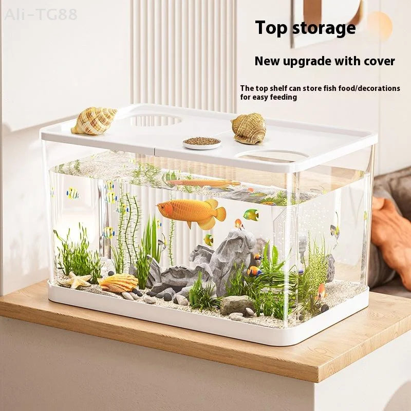 Durable Mini Fish Tank with Transparent Design, Lid Included, Ideal for Desktop & Home Lazy Tanks for Turtles