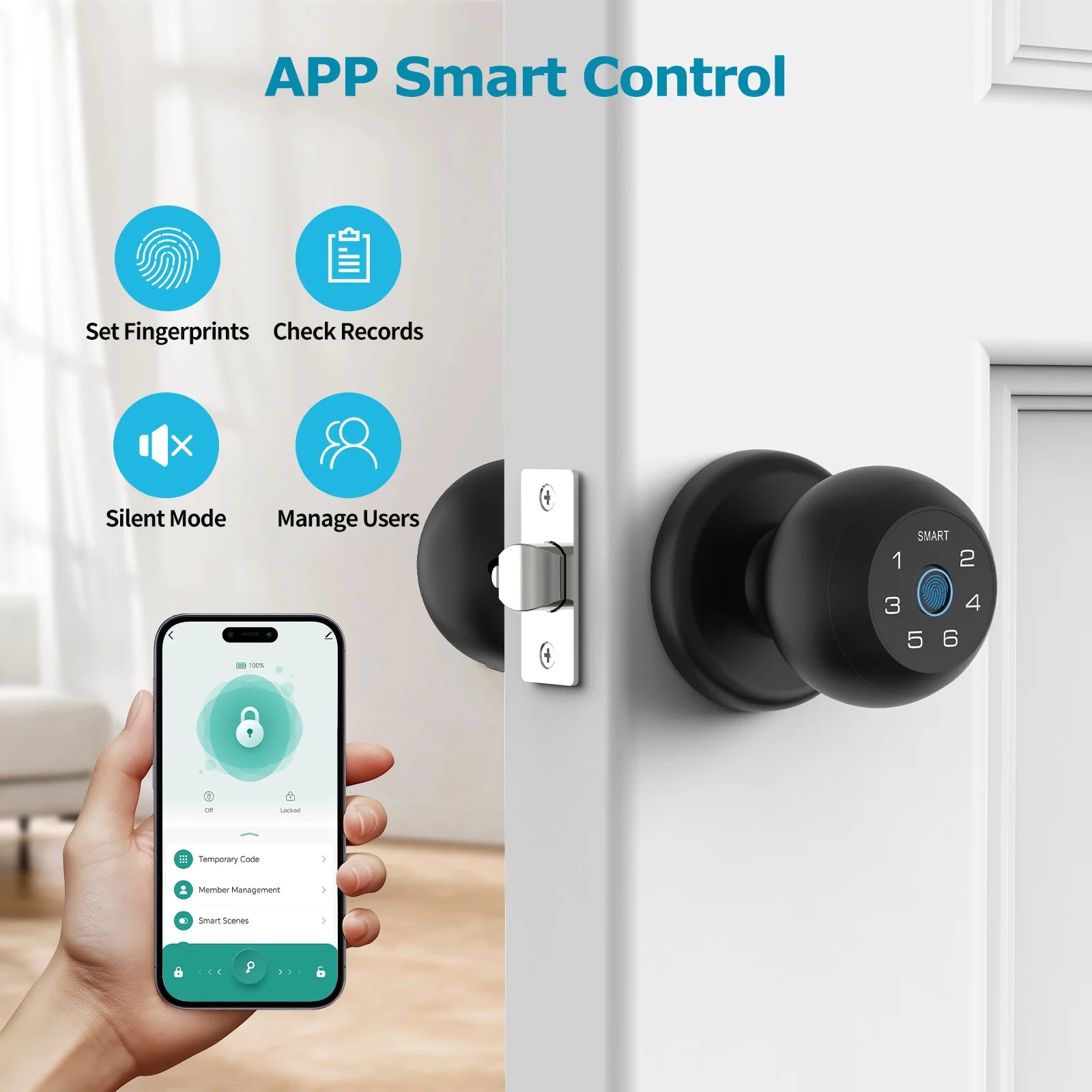Viladepot Smart Lock Fingerprint, Passcode, App Control, Type-C Emergency Power, Indoor Door Lock