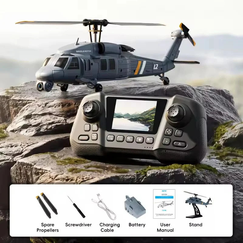 Boy 4DRC L2 RC Helicopter 8K Aerial Camera Builtin Screen Remote Control 6Axis Gyro Single Blade Black Hawk Apache Military Gift