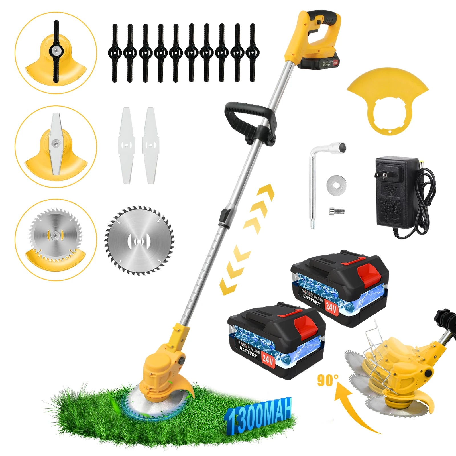 2-in-1 Cordless Electric  Lawn Mower Brushless Edger Eater Grass String Trimmer Cutter 650W 18000 RPM With 24V Two Battery Adjustable For Garden Tool