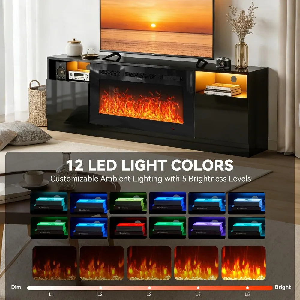 70" TV Stand, 36" Fireplace, Fits TVs Up to 80" High-Gloss Door Fireplace TV Stand Living Room