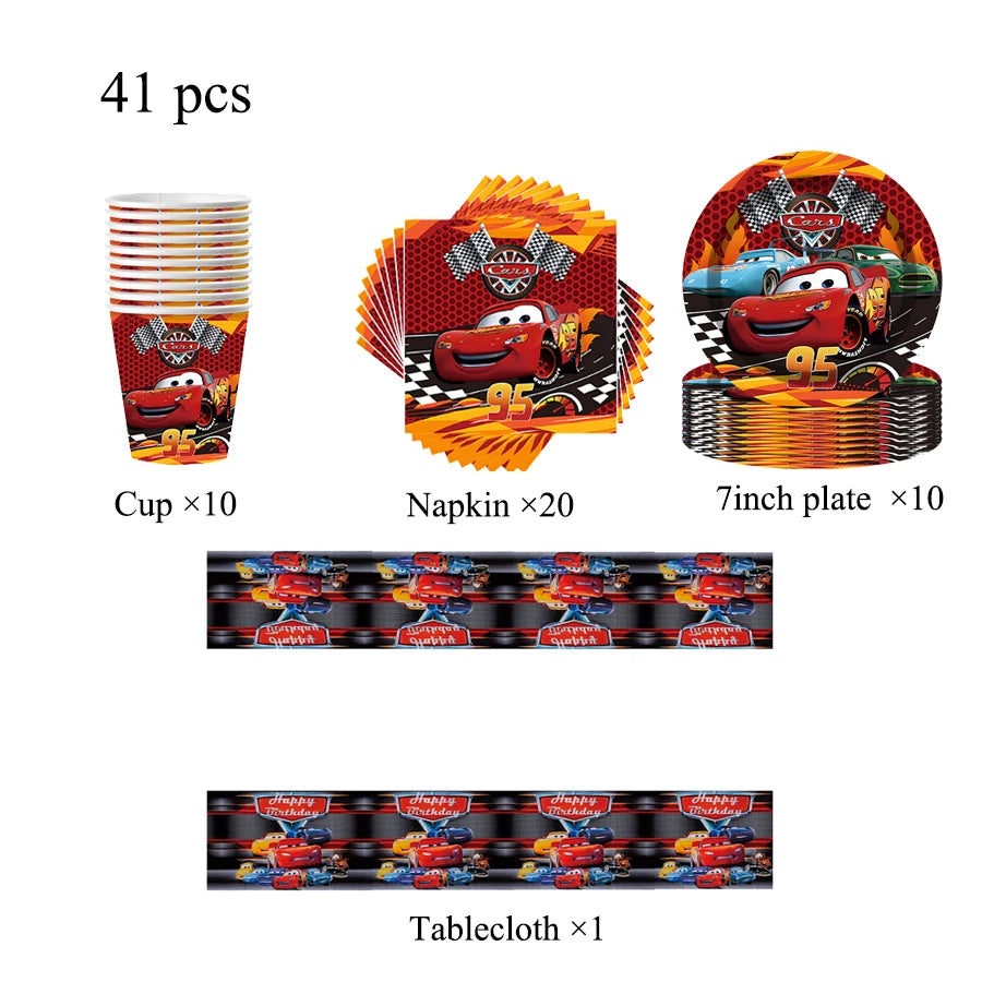 Cars Theme Birthday Party Decoration Tableware Banner Tablecloth Gift Bag Paper Plates Party Favors Toy Set Stamps Bracelets