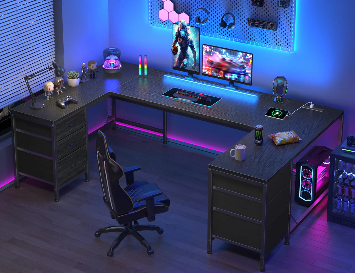 U Shaped Gaming Corner Desk 67" | Computer Desk Home Office Desk with 6 Drawers, Power Outlets, LED Lights for Bedroom Office
