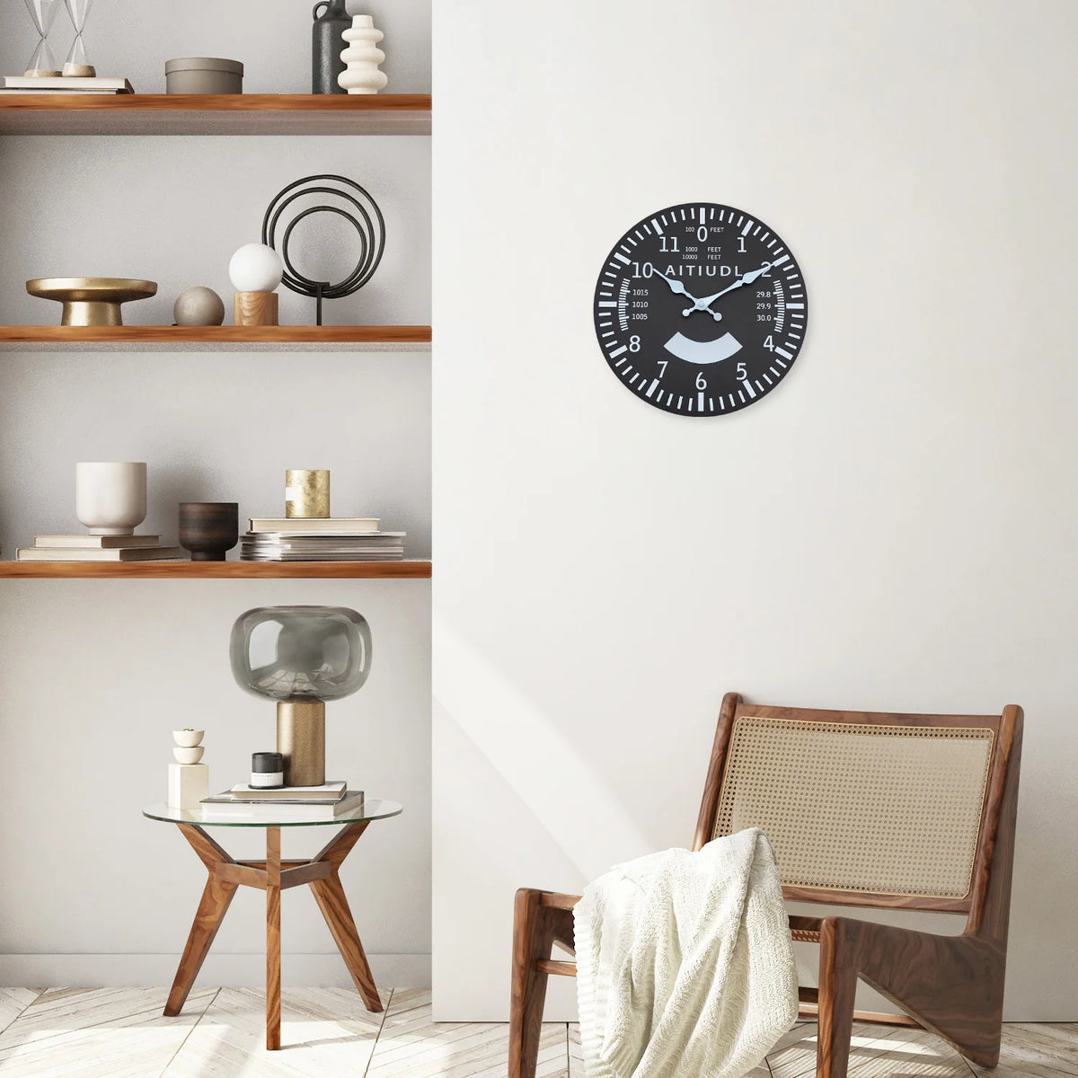 Creative Airplane Altitude Indicator Pattern Wooden Wall Clock for Living Room, Bedroom, Kitchen, Home Decoration, Silent Quartz Clock, Holiday Gift, 10 Inches, 12 Inches 14inch 16inch (No Battery)