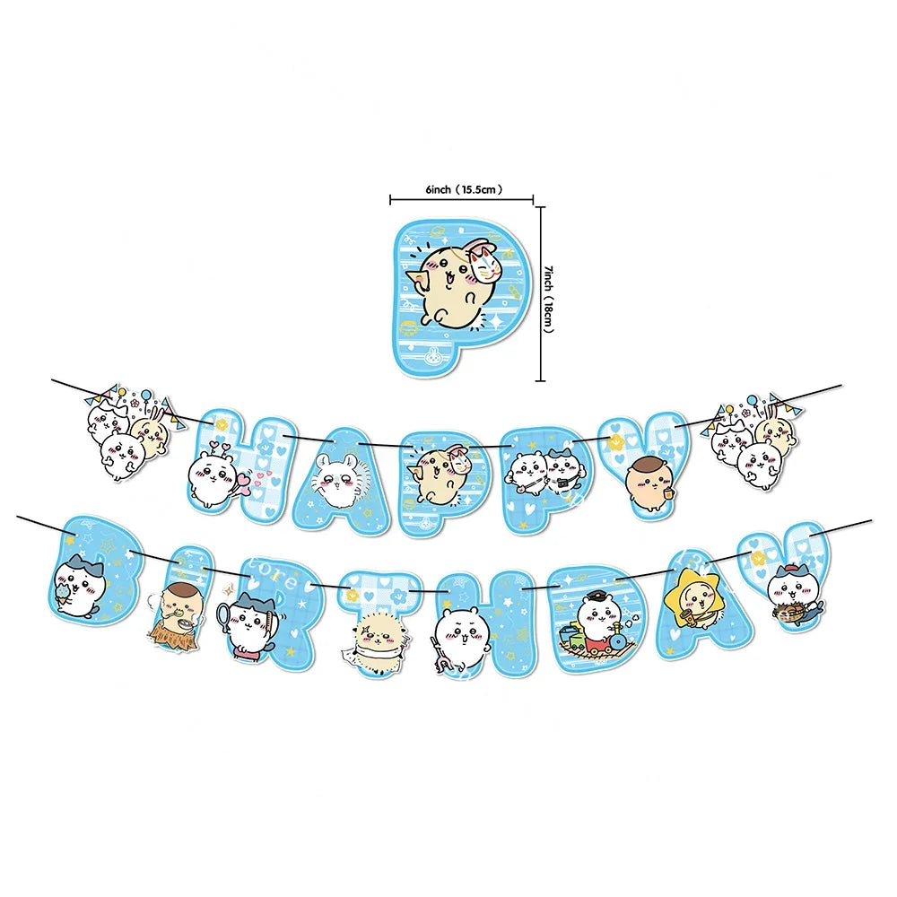 Chiikawa kawaii Happy Birthday Party Decorations Cute plate Banner Cake Topper Flag Balloons Disposable tableware Decorations