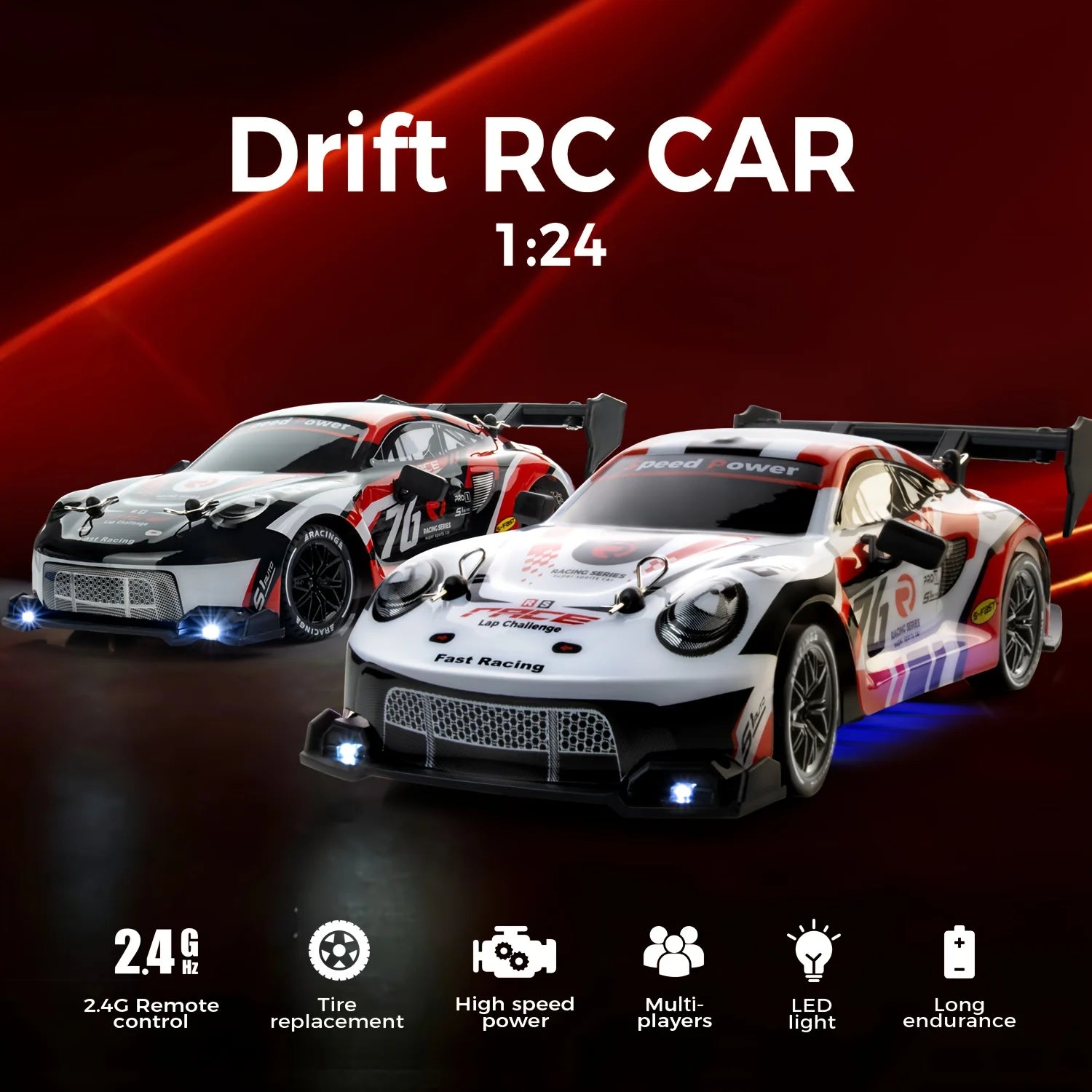 1:24 RC Drift Car, 2.4GHz High Speed 4WD Remote Control Racing Vehicle, LED Lights Electric Toy for Kids Boys Adults
