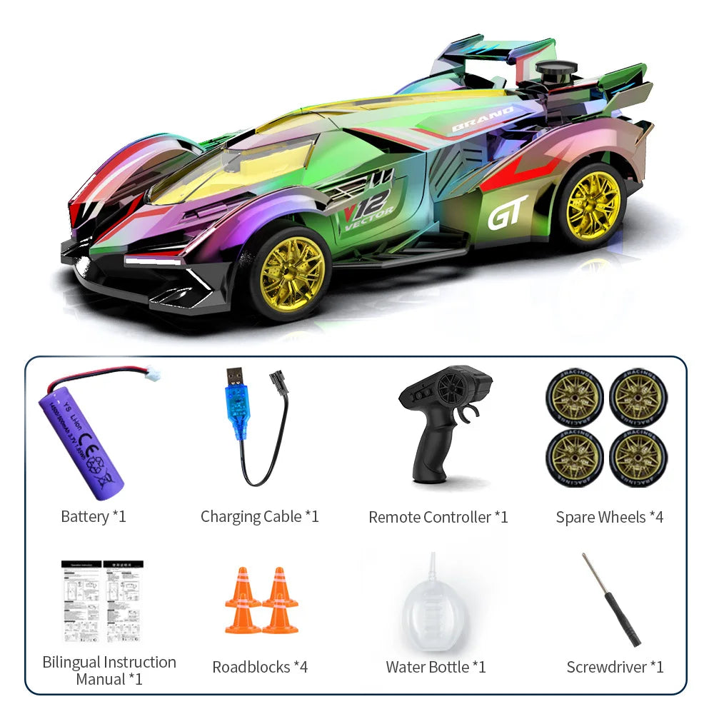 High‑Speed 4WD Holographic Spray Drift RC Car,2.4GHz,Powerful Motor,Cool Mist,45dB Quiet,USB Charging for Night Racing & Stunts