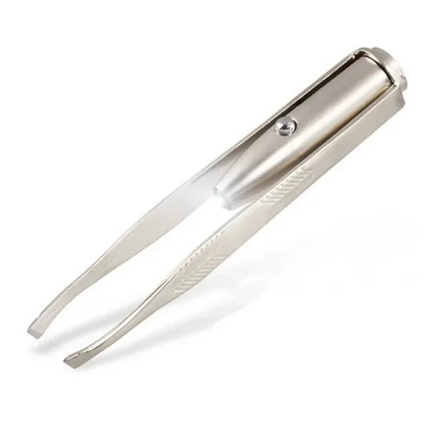 Precisely shape your brows anytime with this portable stainless steel eyebrow tweezer—smart design featuring built-in LED light for flawless makeup application!