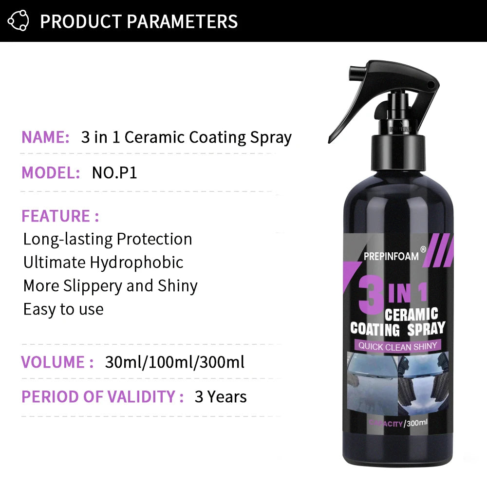 3 in 1 Car Ceramic Liquid Coating Spray Nano Crystal Hydrophobic Layer Polishing Agent High Gloss Paint Protection Wax Car Care