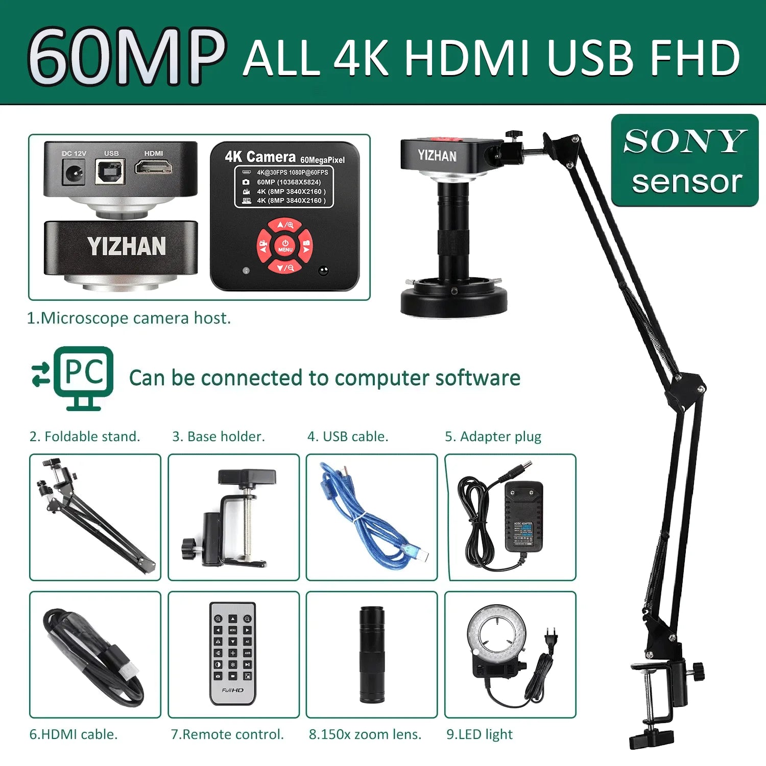 YIZHAN 48MP 4K Electronics Soldering Microscope FULL HD 1080P HDMI Camera USB Software 1-150x Lens Stand Shipping From Europe