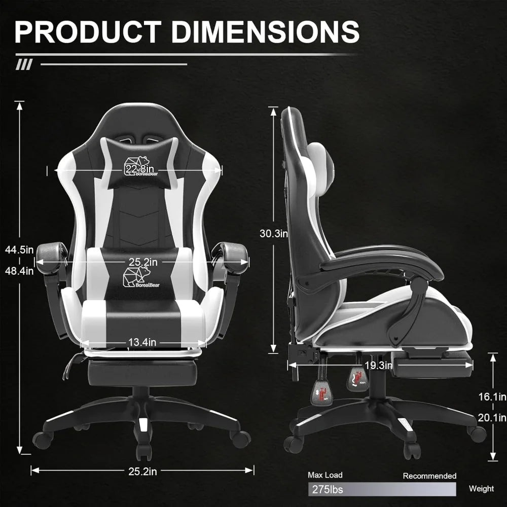 Computer Gaming Chair, Ergonomic Gaming Chair, Leather Office Chairs with Foot Rest, Back Recliner Height Adjustable White+Black