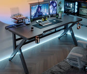 Two-Section Split Solid Wood Computer Gaming Desk  | Ergonomic Home Office Workstation Furniture in Carbon Fiber Style