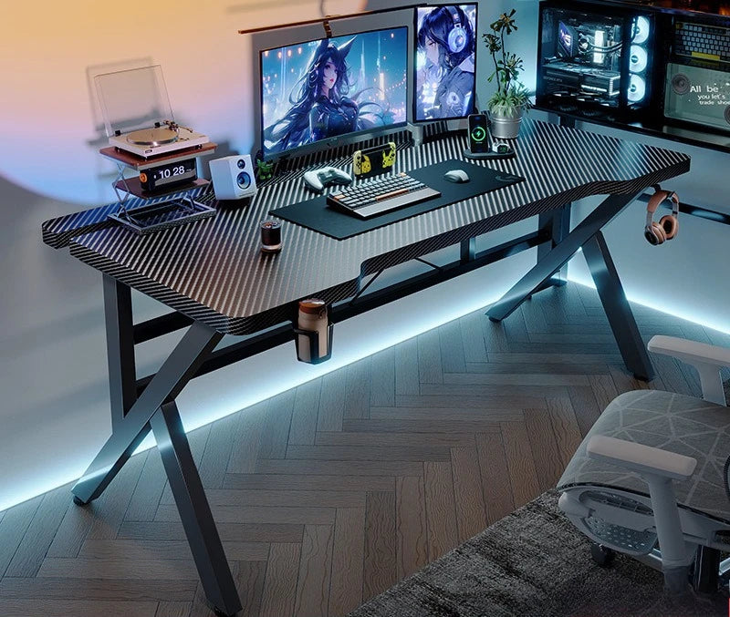 Two-Section Split Solid Wood Computer Gaming Desk  | Ergonomic Home Office Workstation Furniture in Carbon Fiber Style
