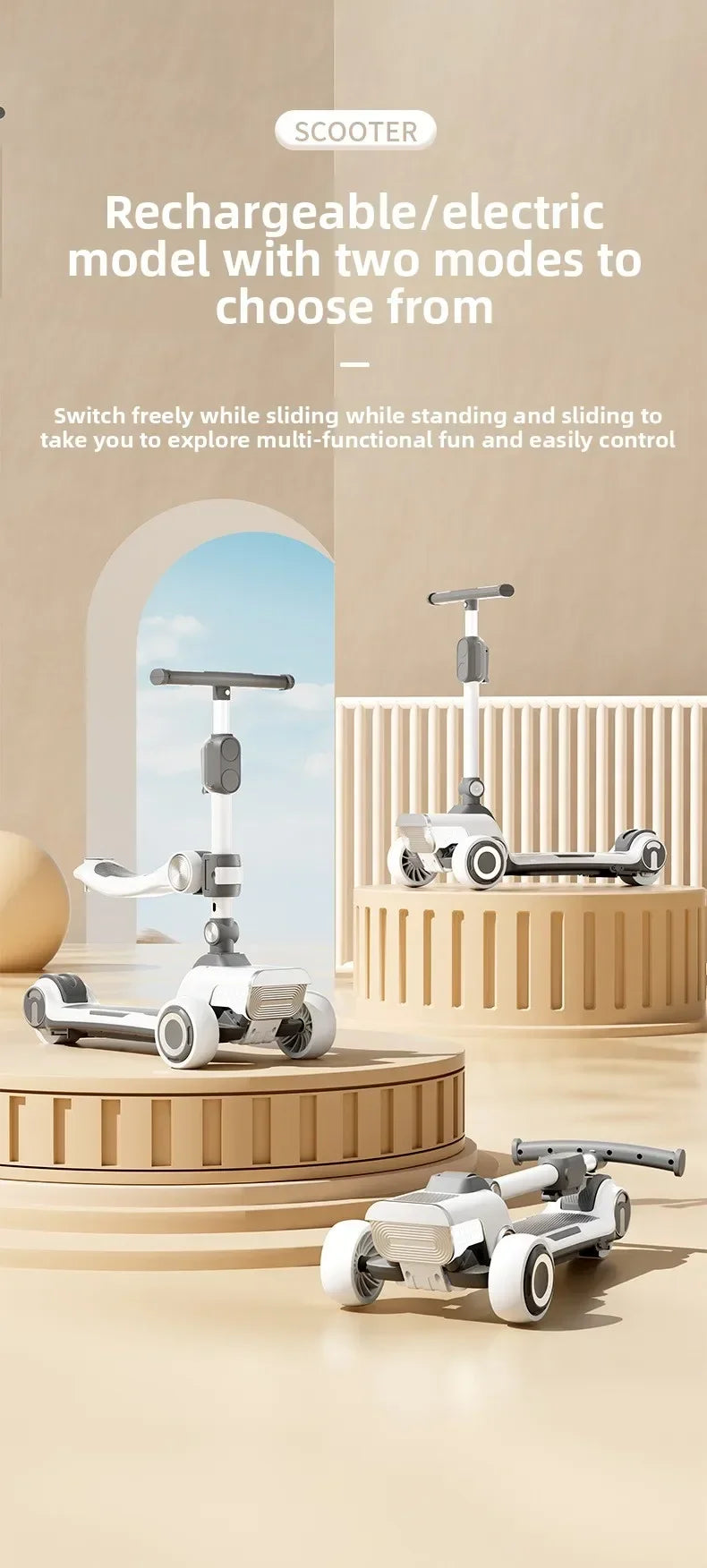 Rechargeable electric scooter for children, foldable and fun with widened design.