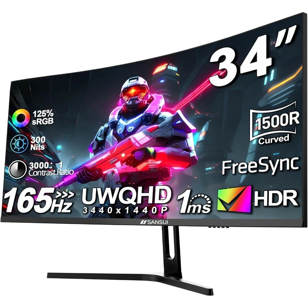 US Shipping 34 Inch Curved Gaming Monitor 3440x1440 165Hz 1500R HDR FreeSync 1ms