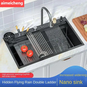 Waterfall Kitchen Sink Nanometer 304 Stainless Steel Large Single Slot Kitchen Accessories Waterfall Faucet Vegetable Basin